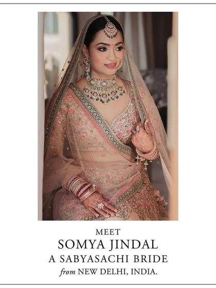 A detailed portrait of Somya, a Sabyasachi bride from New Delhi. This close-up highlights the intricate jewelry pairing and makeup we planned to complement her elegant bridal lehenga.