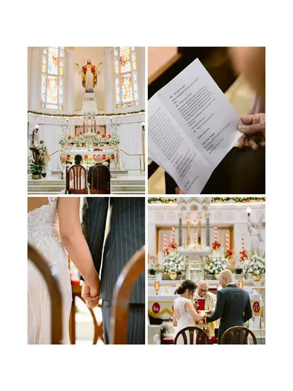 A collage of moments from the Catholic wedding ceremony, showing the rituals, the holding of hands, and the sacred atmosphere of the church.