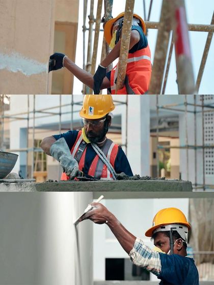 Close-up shots of skilled laborers plastering and finishing the exterior of a building, adding a human element to our construction project documentation.