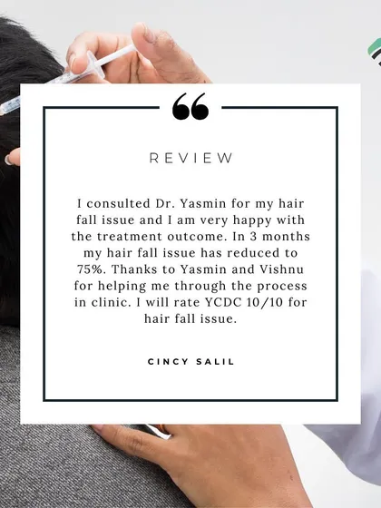 This patient review gives my clinic a 10/10 for her hair fall issue, noting a 75% reduction in just 3 months. Helping patients through the process is a key part of my practice.