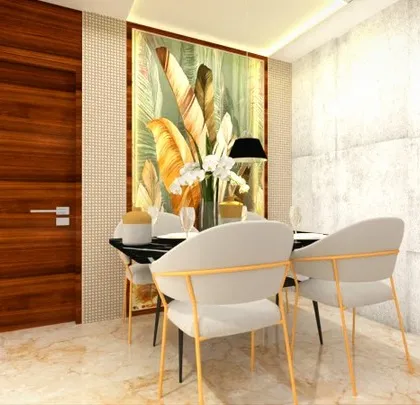 This view highlights the dining area adjacent to the living room. A large, leafy art print adds a touch of nature and color, tying the whole space together.