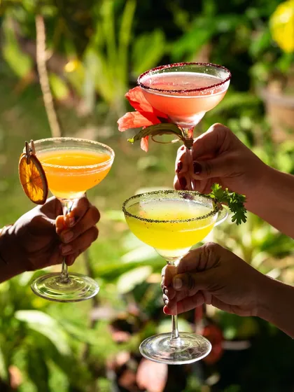 Another angle of a celebratory toast with colorful cocktails, shot outdoors. The natural background adds a fresh, garden-party vibe.