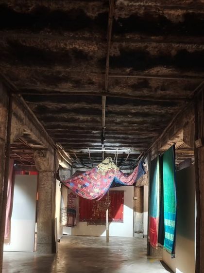 Our master printers recreated the stunning temple architecture of Hampi for the 'PAMPA' exhibition. Using historical sketches, they block printed these designs onto handwoven cotton-silk panels, a special project as one of our printers is from the Hampi region.