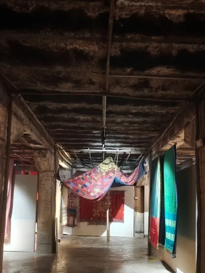 Our master printers recreated the stunning temple architecture of Hampi for the 'PAMPA' exhibition. Using historical sketches, they block printed these designs onto handwoven cotton-silk panels, a special project as one of our printers is from the Hampi region.