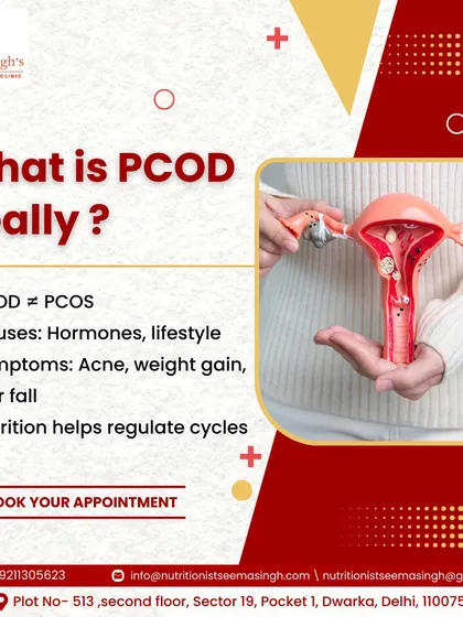 Let's clear the confusion about PCOD. It's a condition caused by hormonal imbalances and lifestyle factors, with symptoms like acne, weight gain, and hair fall. The good news is that nutrition plays a huge role in regulating cycles and managing these symptoms.