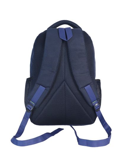The back view of a navy blue backpack, showing the padded straps and back panel for comfort.