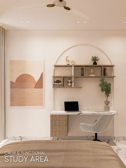 This calm and functional study area is integrated into a bedroom. The arched shelving, light wood tones, and minimalist desk create a serene space for work or reading.