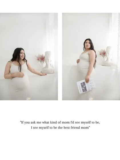 This diptych shows two sides of this mother-to-be's personality. One is a gentle, smiling portrait, and the other is a fun shot with her "Baby Coming Soon" newspaper, both beautifully captured in our studio.