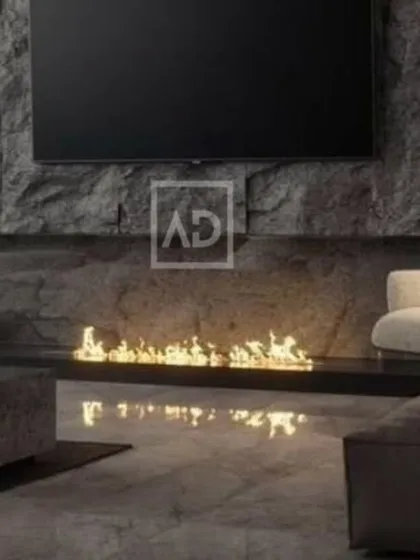 A full-height PU stone panel wall creates a dramatic and luxurious focal point in this living room. The realistic stone texture, combined with an integrated fireplace, adds warmth and character to the space.