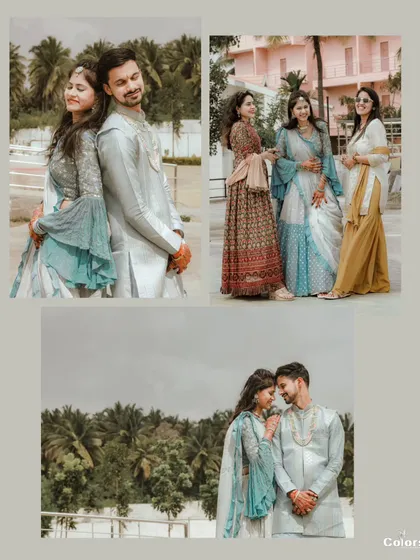 A collection of portraits from a Haldi day, showing the couple together and the bride with her bridesmaids.