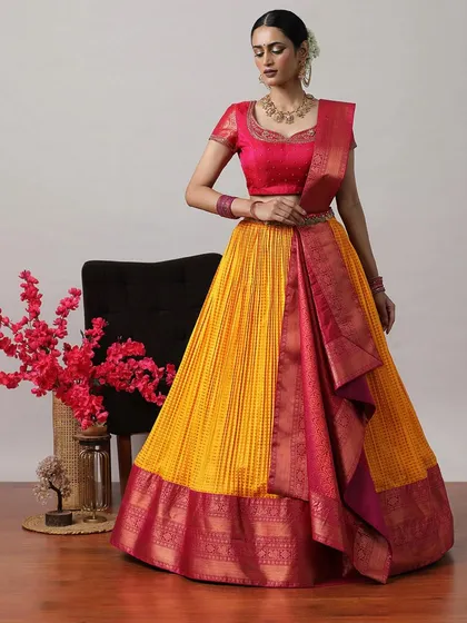 Another view of the yellow and pink half-saree lehenga, radiating joy and festive spirit.