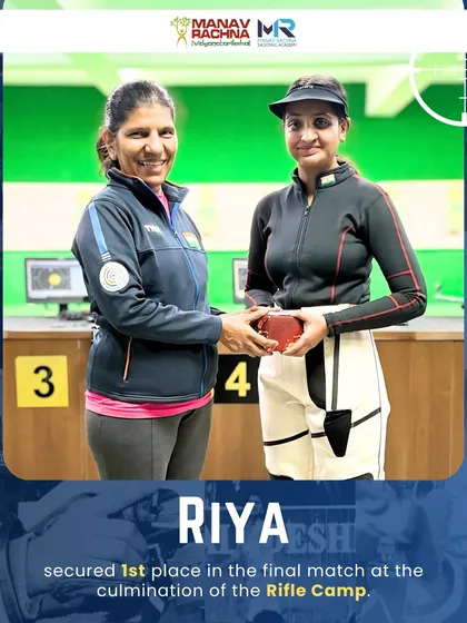 Our shooter Riya receives her prize from Coach Deepali Deshpande after securing 1st place in the final match of the Rifle Camp, a culmination of intensive training.