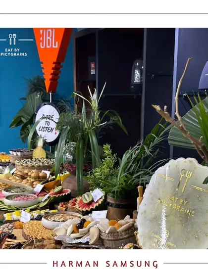 We were thrilled to cater for Harman Samsung. This corporate grazing table was designed to be sleek and modern, with a tropical flair from the palm leaves, perfectly suiting the high tech brand.
