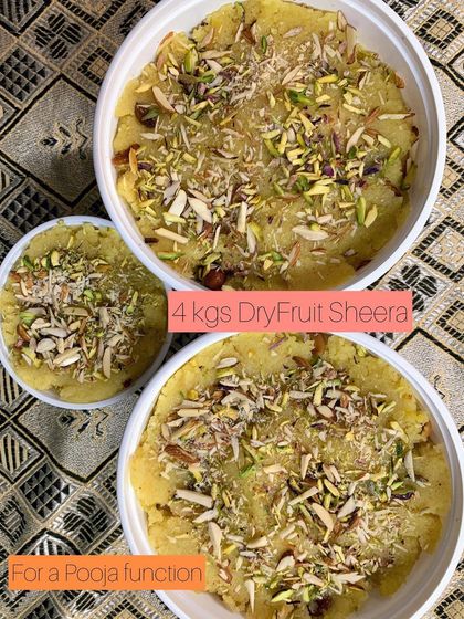 A large 4kg order of my Dryfruit Sheera, prepared for a Pooja function. This rich and wholesome sweet is perfect for religious ceremonies and family gatherings.