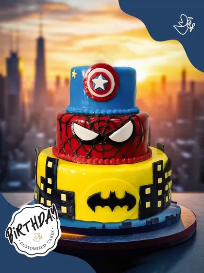 For the ultimate superhero fan, I assembled this three-tier action-packed cake featuring Batman, Spider-Man, and Captain America, creating a towering centerpiece for an epic birthday battle.