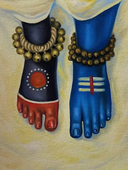A detailed oil painting of the lotus feet of Shiva and Kali, symbolizing peace and compassion.