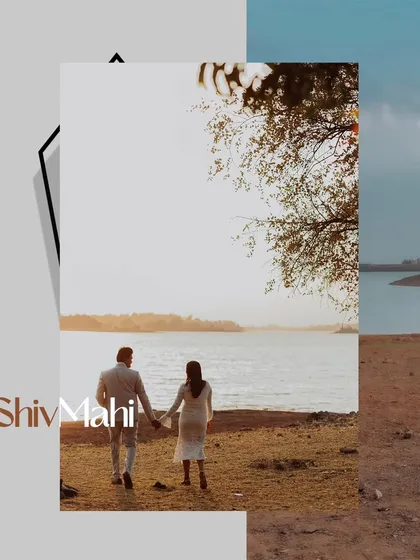 A creative composition showing a couple walking towards the sunset by the lake, framed to emphasize their journey together.