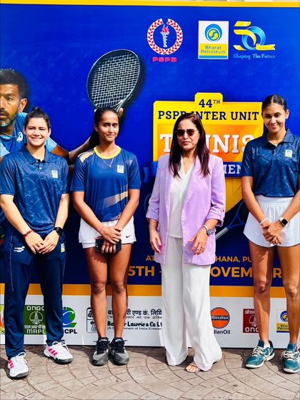 Riya Sachdeva and Team BPCL standing proud at the 44th PSPB Inter Unit Tennis Tournament. We coach our players for high-stakes team events, focusing on both individual skill and collaborative strategy.