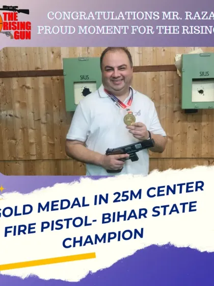 We are incredibly proud of our students' achievements. This is Mr. Raza Ali, who trained with us and won the Gold Medal in the 25m Center Fire Pistol category at the Bihar State Championship, proving that dedication and expert coaching lead to victory.