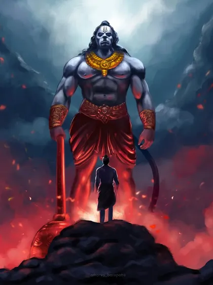 This conceptual artwork depicts the immense power of Mahabali Hanuman as he appears before a humble devotee. The scale difference highlights his divine stature and his role as a protector for those with faith.