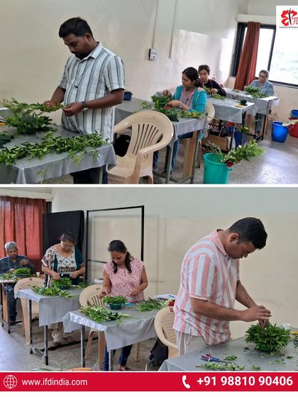 A look inside our Pune classroom on the first day. Students are fully engaged, learning the foundational skills of preparing foliage and building a base for their arrangements.