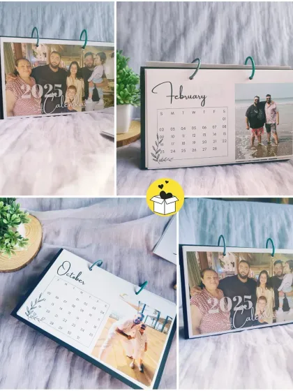 A collage showing the different angles and pages of a custom 2025 ring-bound calendar. You can see how each month features a new family photo.