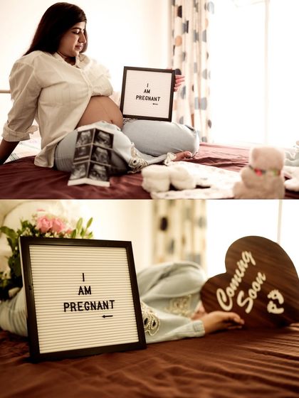 A collage of the mom-to-be on a bed with all her announcement props: signs, sonogram, and flowers. It’s a complete story of her happy news.