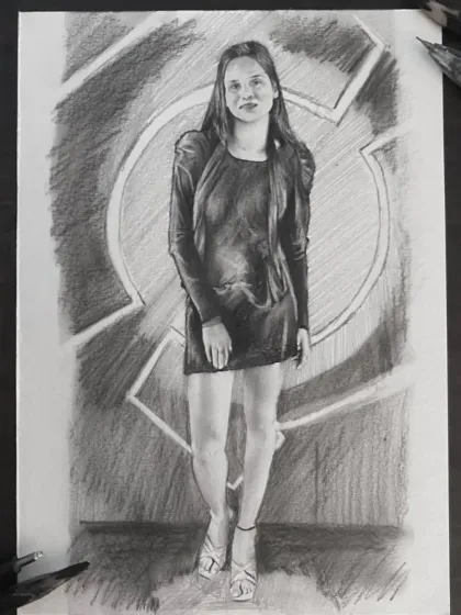 A full-length pencil sketch of a woman in a black dress against a graphic background.