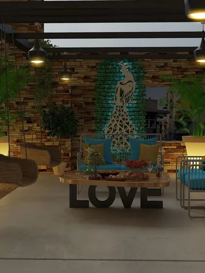 For a client who loves bold statements, we designed this terrace lounge featuring a backlit peacock mural. This space combines ambient lighting, comfortable seating, and unique art to create a truly memorable outdoor retreat.