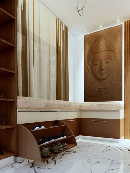 A duplicate of 113, showing the practical and stylish design of the foyer seating and storage.