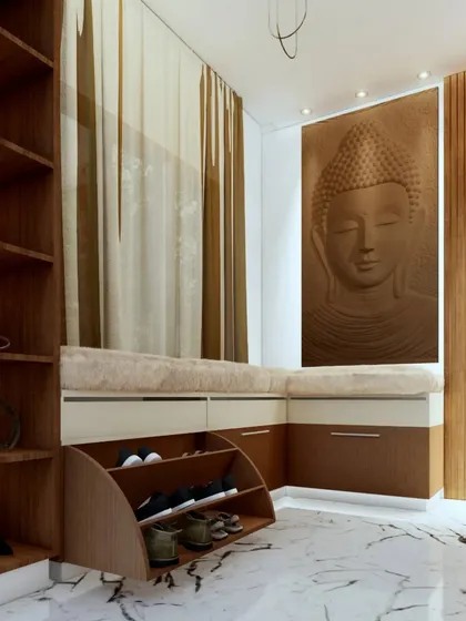 A duplicate of 113, showing the practical and stylish design of the foyer seating and storage.