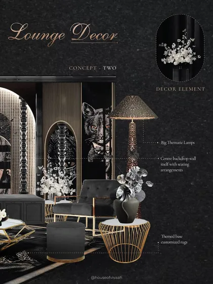 Concept Two for the 'Lounge Decor', presenting an alternative with a bold panther graphic on the center backdrop wall. This demonstrates my process of offering clients different creative directions within the same theme.