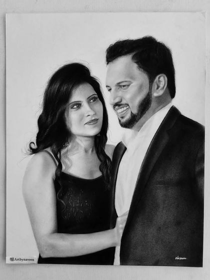 A 34-hour couple portrait on A3 ivory paper, where I used a combination of graphite and charcoal to create deep contrasts and soft skin tones.