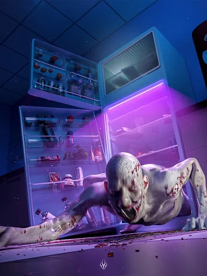 This piece combines creature horror with a surreal, retro environment. I designed this gaunt, hungry creature and placed it in a dynamic crawling pose, creating a sense of urgent, terrifying movement. The scene is lit with a mix of cold fridge light and eerie purple neon to give it a unique, stylized horror feel.