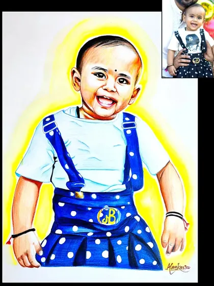 Look at this cute baby portrait I did for a client from Chhattisgarh. Capturing the innocence and joy of children is one of my favorite things to do. This is an A3 size color pencil sketch.