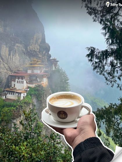 A perfect cup of coffee with a million-dollar view of the Tiger's Nest Monastery. After the challenging hike, we take a moment to relax at the viewpoint cafe and just soak it all in.