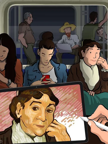From the artist's point of view, we see his hand sketching a portrait of a fellow passenger on a tablet during a subway ride. It shows that moments of creation can be found anywhere, even in the crowded, transient spaces of modern life.