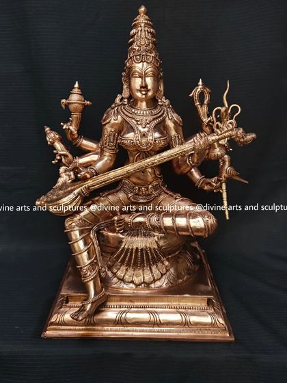 A bronze sculpture of Matangi, the Tantric form of Saraswati. She is the goddess of speech, music, and the arts, depicted here with her veena and other attributes.