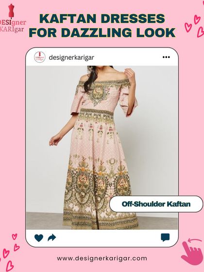 A beautiful off-shoulder kaftan in a soft pink with intricate prints. This design offers a modern and romantic take on the classic kaftan.