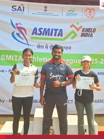 Our athletes and coach on the podium at the Khelo India: Asmita Athletics League, where they secured bronze medals in the 60m event and Long Jump.