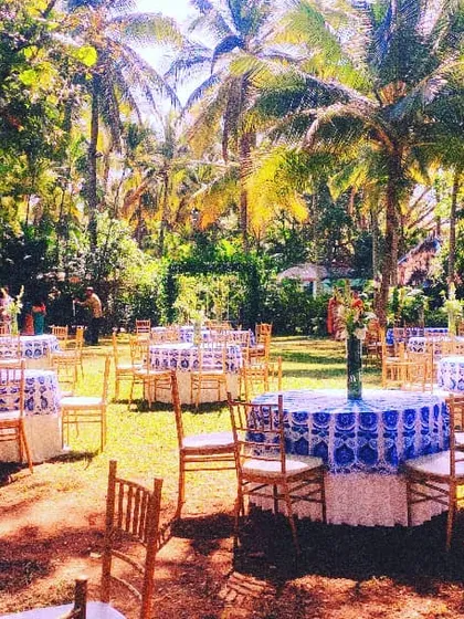 A unique reception setup with patterned tablecloths, creating a stylish and legendary look for a chilly winter morning celebration.