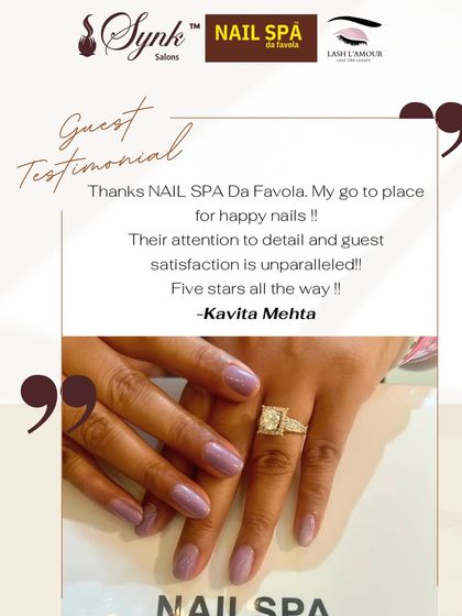 A glowing client testimonial from Kavita Mehta, who calls my spa her "go-to place for happy nails." Her words highlight my attention to detail and commitment to guest satisfaction.