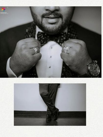 A black and white collage focusing on the groom's details. From the rings on his fingers to the texture of his bow tie, every element matters.
