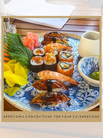 An artfully plated platter of sushi from one of our destination weddings. We ensure our quality and presentation are world-class, no matter the location.