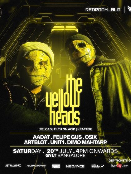 The main flyer for a huge night at Gylt with hard techno duo The Yellow Heads.