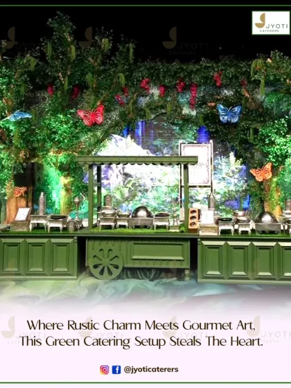 This enchanting garden-themed buffet setup brings rustic charm and gourmet food together, with lush greenery and whimsical butterflies creating a magical dining atmosphere.