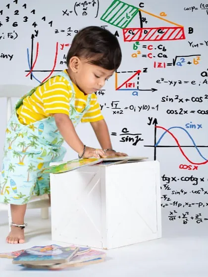 Focused on his studies, this little mathematician is surrounded by colorful geometric formulas. A unique theme for a future genius.