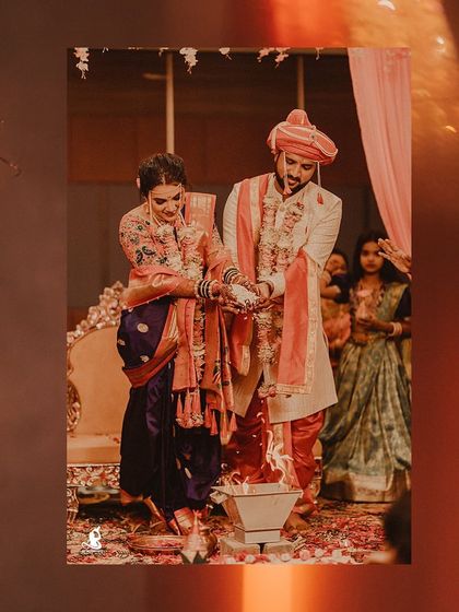 A collage of key wedding ceremony moments, from the sacred fire ritual to the bride's radiant portrait.