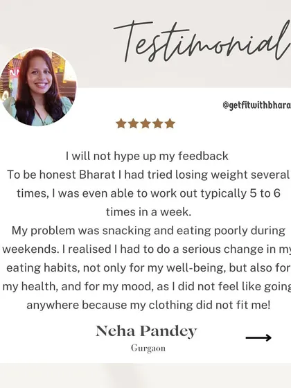 Neha had a problem with snacking and weekend eating. I'm glad I could help her make a serious change in her habits.