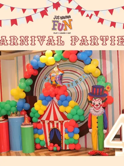 Step right up to our Carnival Extravaganza! This vibrant decor features a classic circus tent balloon arch and a cheerful clown, creating the fun and festive atmosphere of a real carnival.